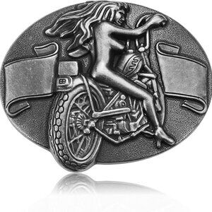Belt Buckle Lady on Motorcycle Big Silver Belt Buckle